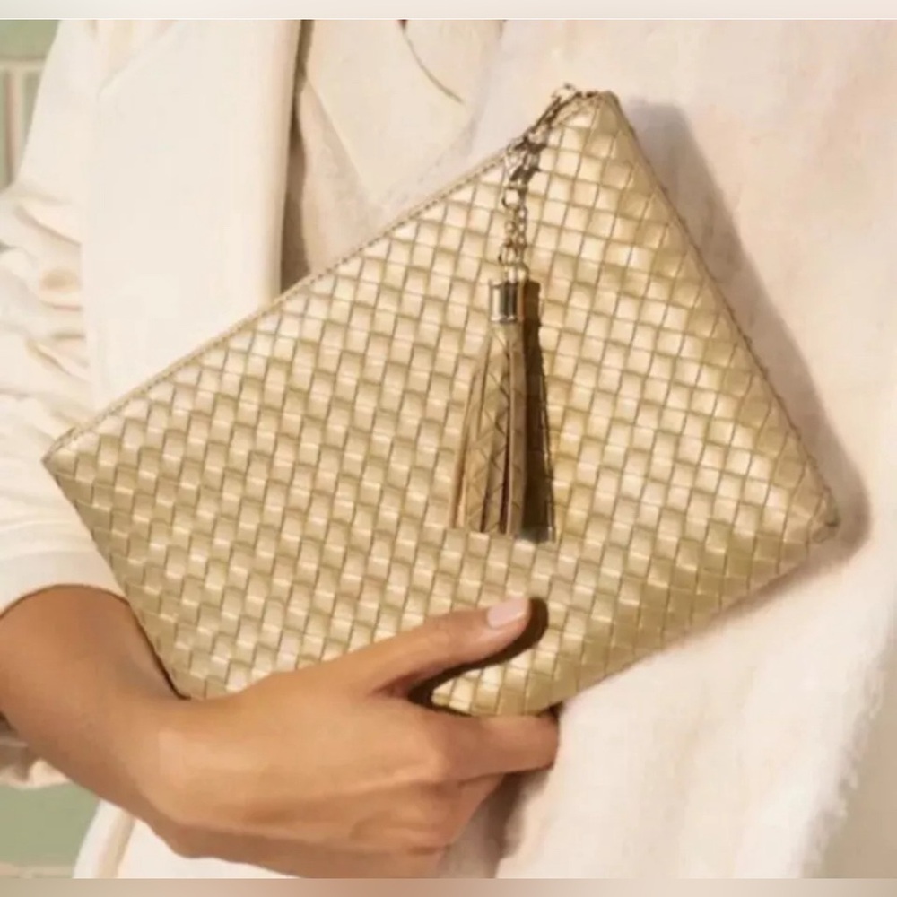 VIRGINIA WOLF Mimi Woven Pouch Gold Vegan Metallic Leather NWT
